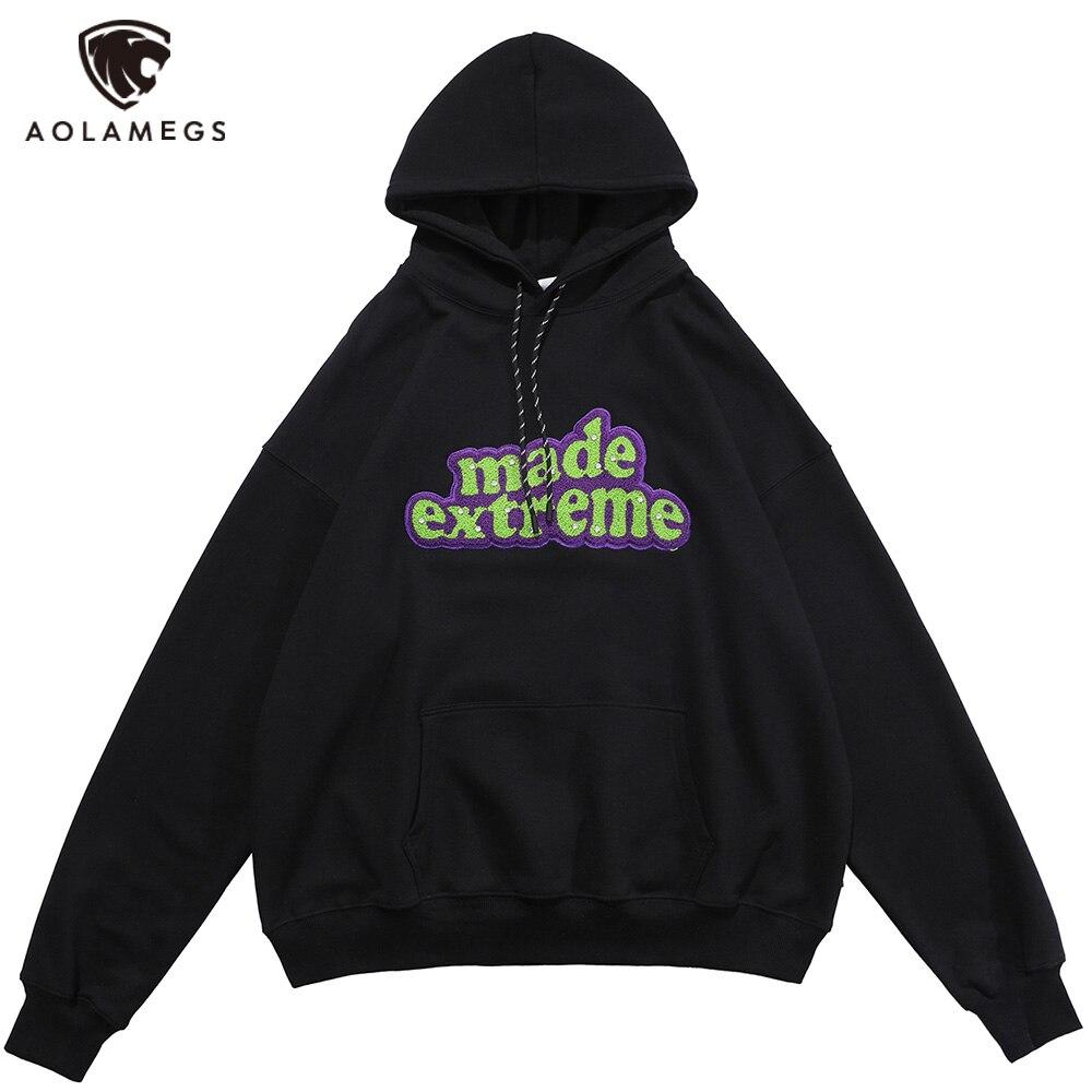 Men's hooded sweatshirt featuring colorful letter patches and diamond accents, with a large front pocket, perfect for casual streetwear.