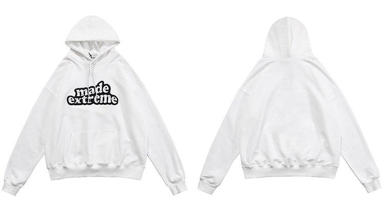 Men's hooded sweatshirt featuring colorful letter patches and diamond accents, with a large front pocket, perfect for casual streetwear.