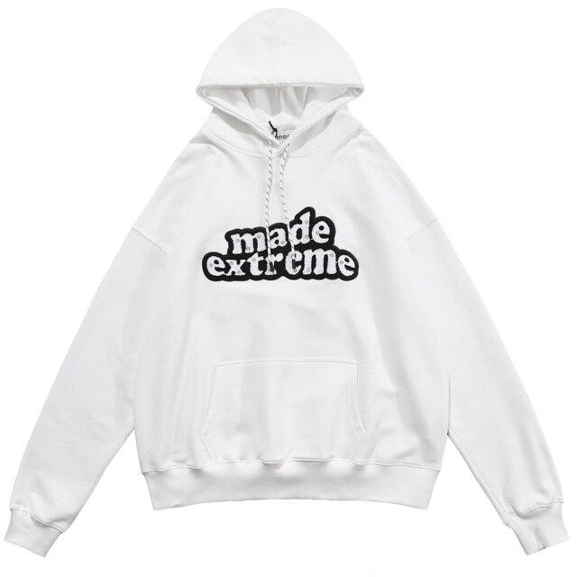 Men's hooded sweatshirt featuring colorful letter patches and diamond accents, with a large front pocket, perfect for casual streetwear.