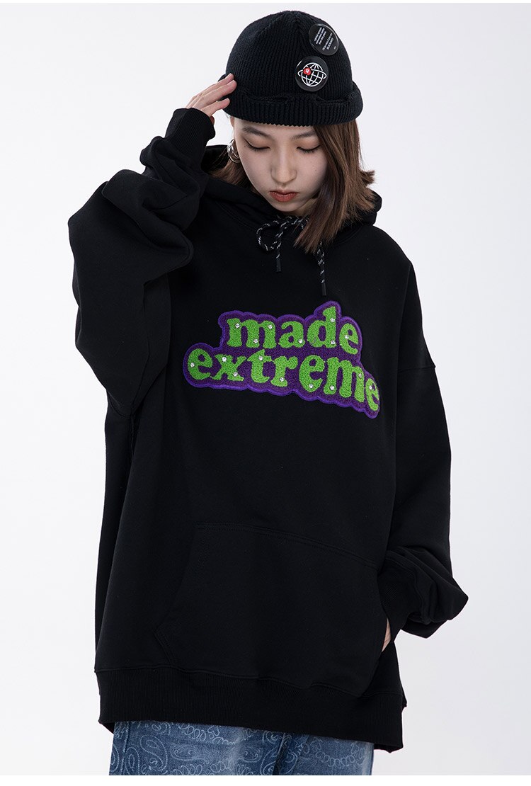 Men's hooded sweatshirt featuring colorful letter patches and diamond accents, with a large front pocket, perfect for casual streetwear.