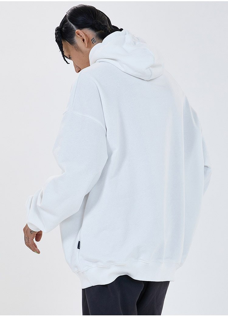 Men's hooded sweatshirt featuring colorful letter patches and diamond accents, with a large front pocket, perfect for casual streetwear.