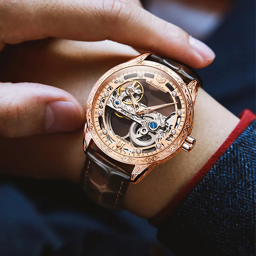 JSDUN Men Mechanical Watch featuring automatic movement, sapphire mirror, and leather strap, showcasing its elegant skeleton design.