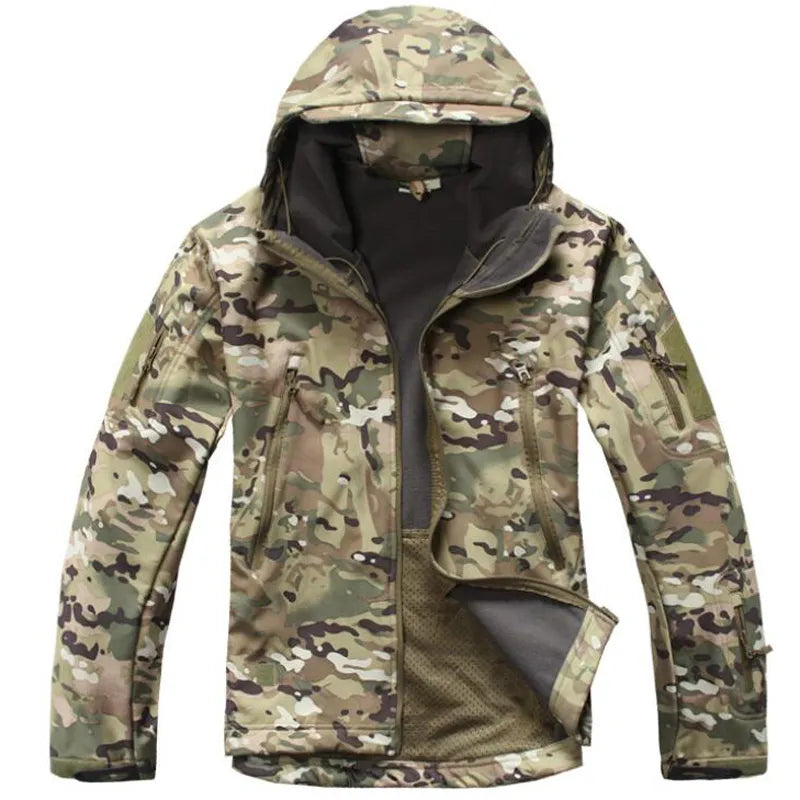 Men's military tactical hiking jacket in camouflage design, featuring windproof and waterproof capabilities, perfect for outdoor adventures.
