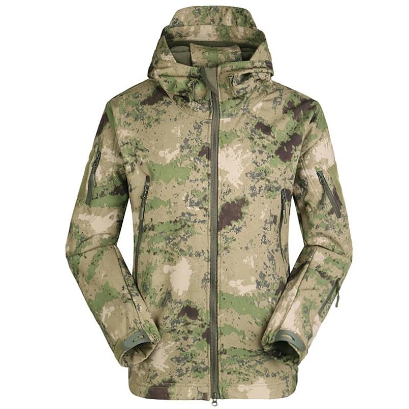 Men's military tactical hiking jacket in camouflage design, featuring windproof and waterproof capabilities, perfect for outdoor adventures.