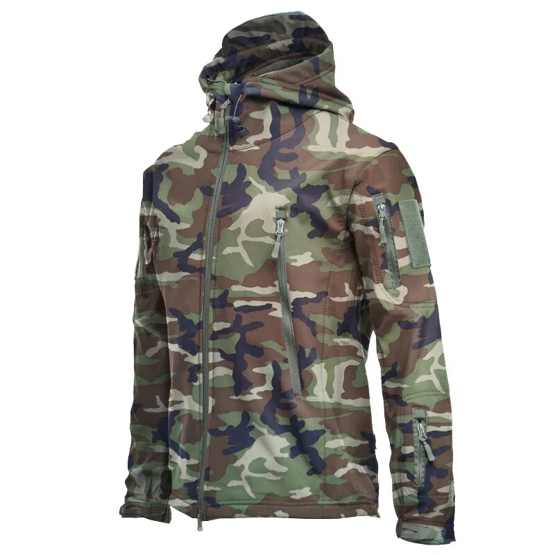 Men's military tactical hiking jacket in camouflage design, featuring windproof and waterproof capabilities, perfect for outdoor adventures.