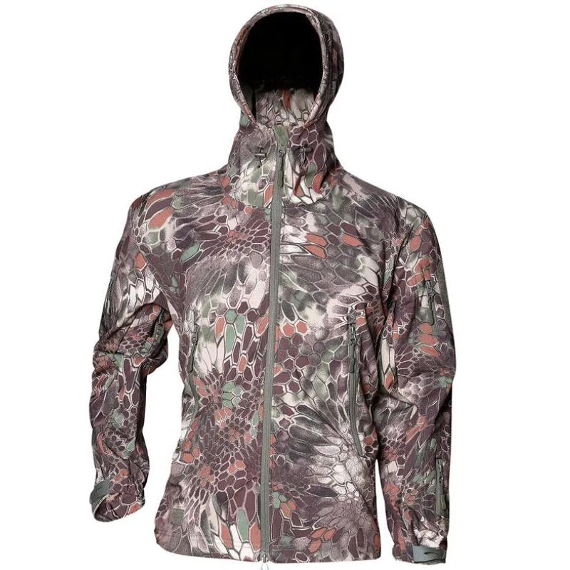 Men's military tactical hiking jacket in camouflage design, featuring windproof and waterproof capabilities, perfect for outdoor adventures.