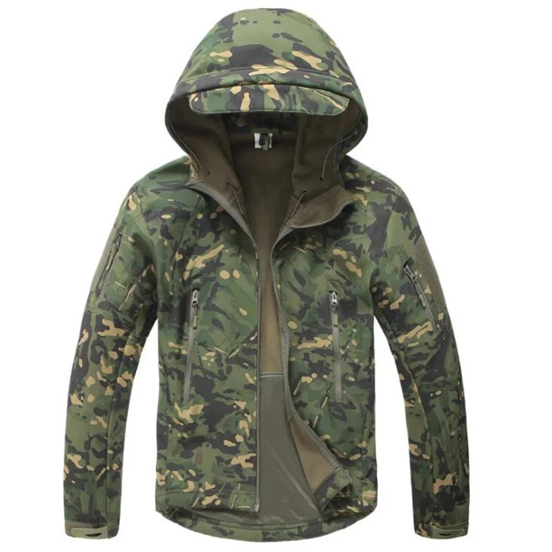 Men's military tactical hiking jacket in camouflage design, featuring windproof and waterproof capabilities, perfect for outdoor adventures.