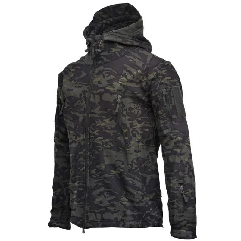 Men's military tactical hiking jacket in camouflage design, featuring windproof and waterproof capabilities, perfect for outdoor adventures.