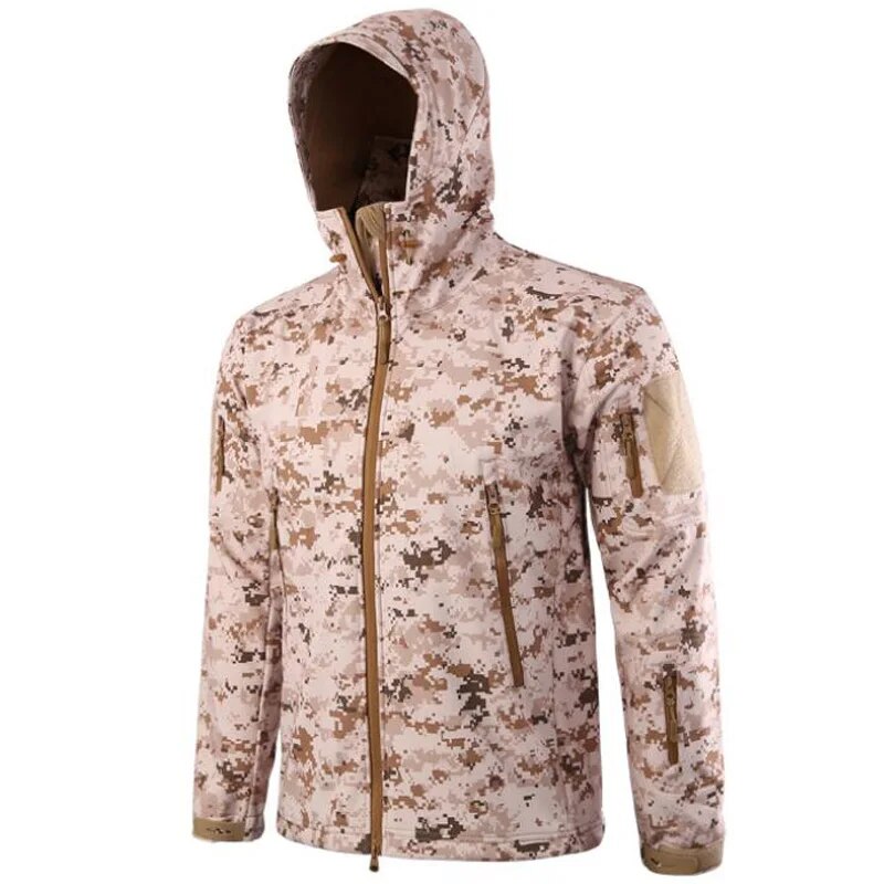 Men's military tactical hiking jacket in camouflage design, featuring windproof and waterproof capabilities, perfect for outdoor adventures.