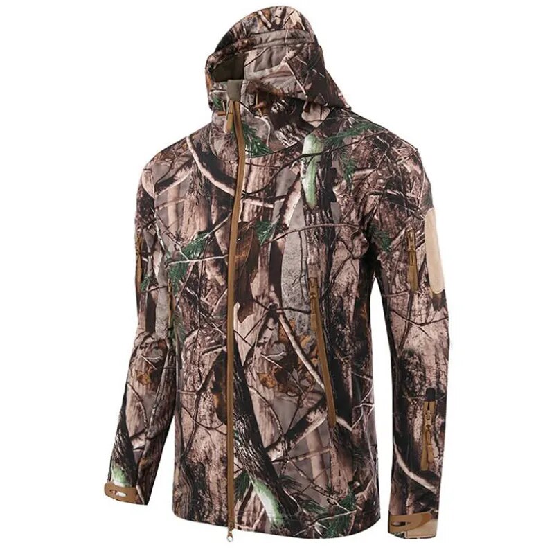Men's military tactical hiking jacket in camouflage design, featuring windproof and waterproof capabilities, perfect for outdoor adventures.