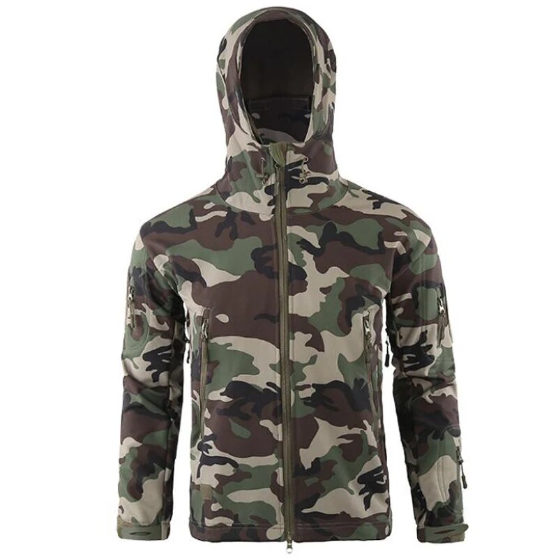 Men's military tactical hiking jacket in camouflage design, featuring windproof and waterproof capabilities, perfect for outdoor adventures.