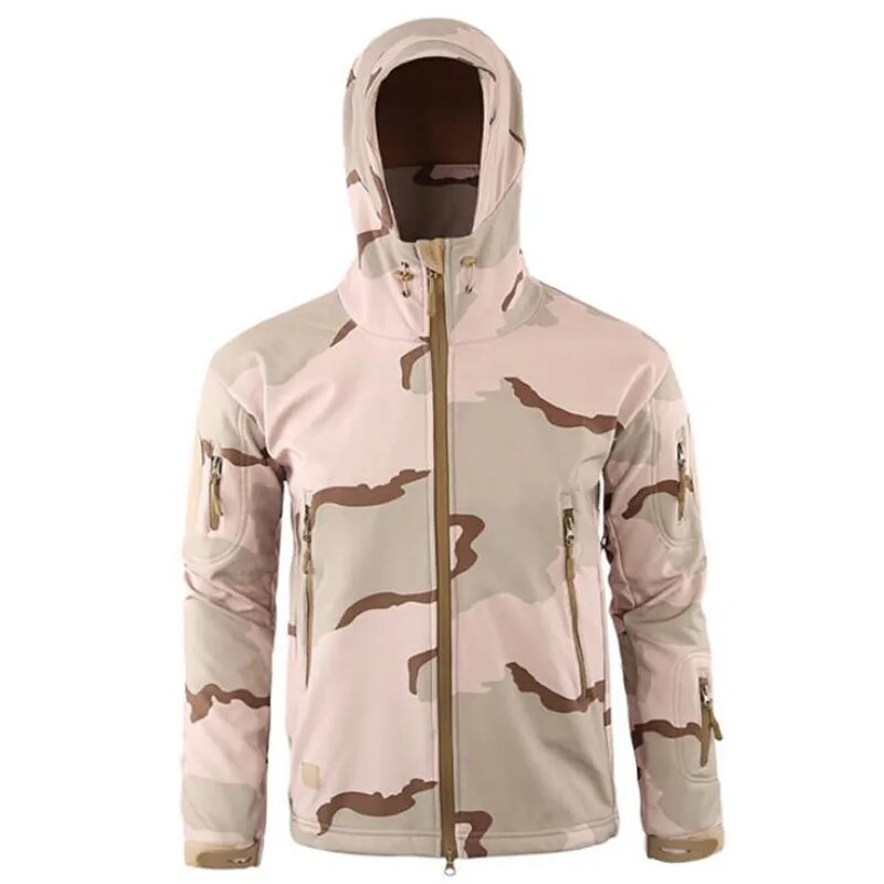 Men's military tactical hiking jacket in camouflage design, featuring windproof and waterproof capabilities, perfect for outdoor adventures.