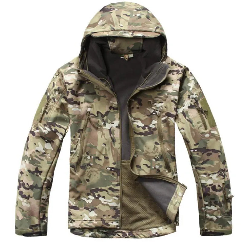 Men's military tactical hiking jacket in camouflage design, featuring windproof and waterproof capabilities, perfect for outdoor adventures.