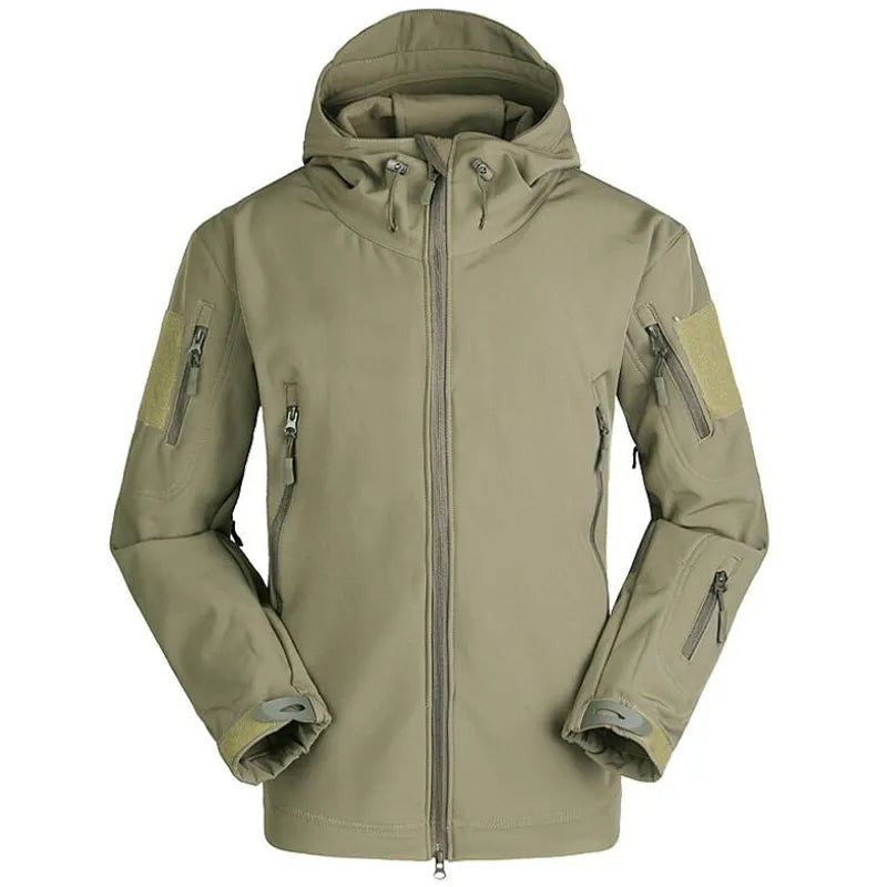 Men's military tactical hiking jacket in camouflage design, featuring windproof and waterproof capabilities, perfect for outdoor adventures.