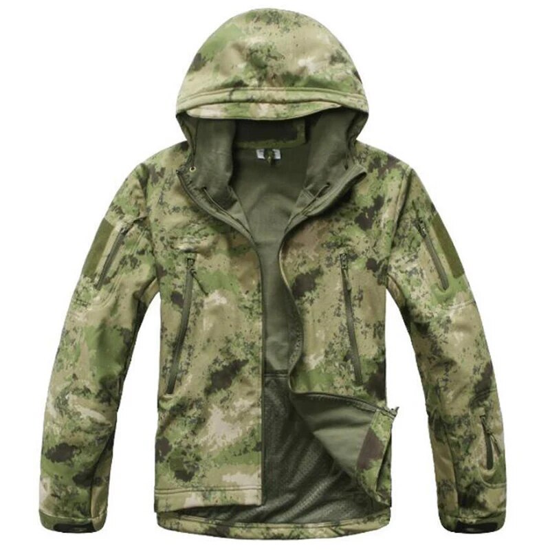 Men's military tactical hiking jacket in camouflage design, featuring windproof and waterproof capabilities, perfect for outdoor adventures.