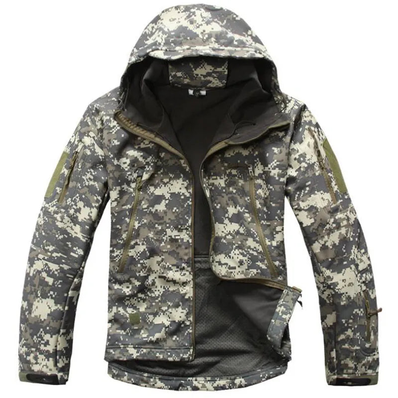 Men's military tactical hiking jacket in camouflage design, featuring windproof and waterproof capabilities, perfect for outdoor adventures.