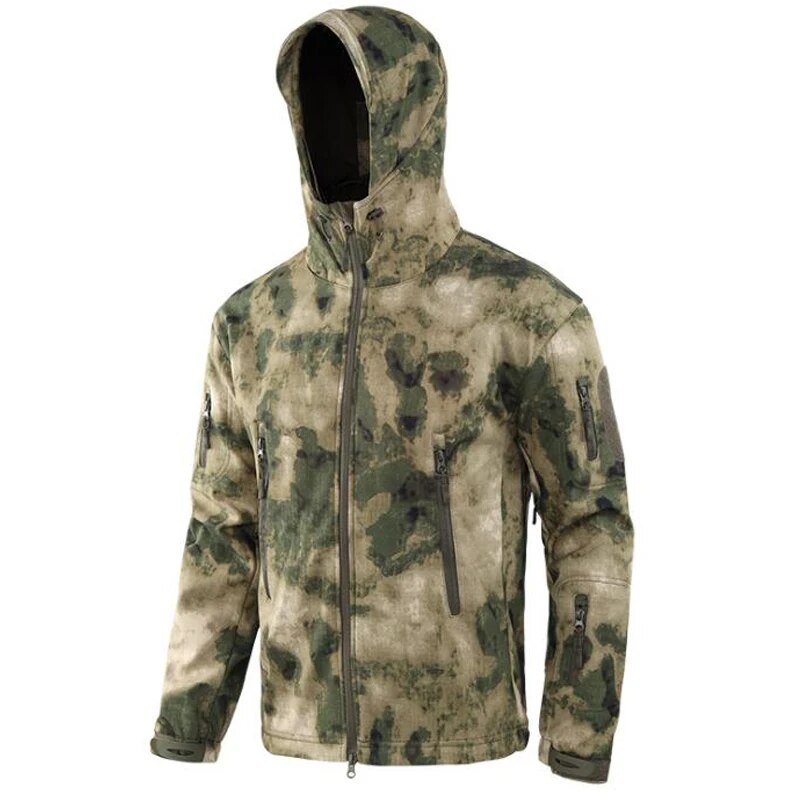 Men's military tactical hiking jacket in camouflage design, featuring windproof and waterproof capabilities, perfect for outdoor adventures.