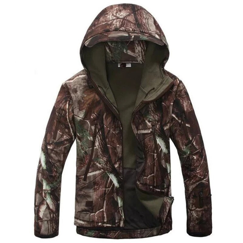Men's military tactical hiking jacket in camouflage design, featuring windproof and waterproof capabilities, perfect for outdoor adventures.
