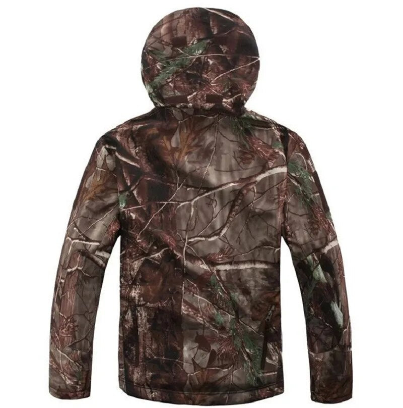 Men's military tactical hiking jacket in camouflage design, featuring windproof and waterproof capabilities, perfect for outdoor adventures.