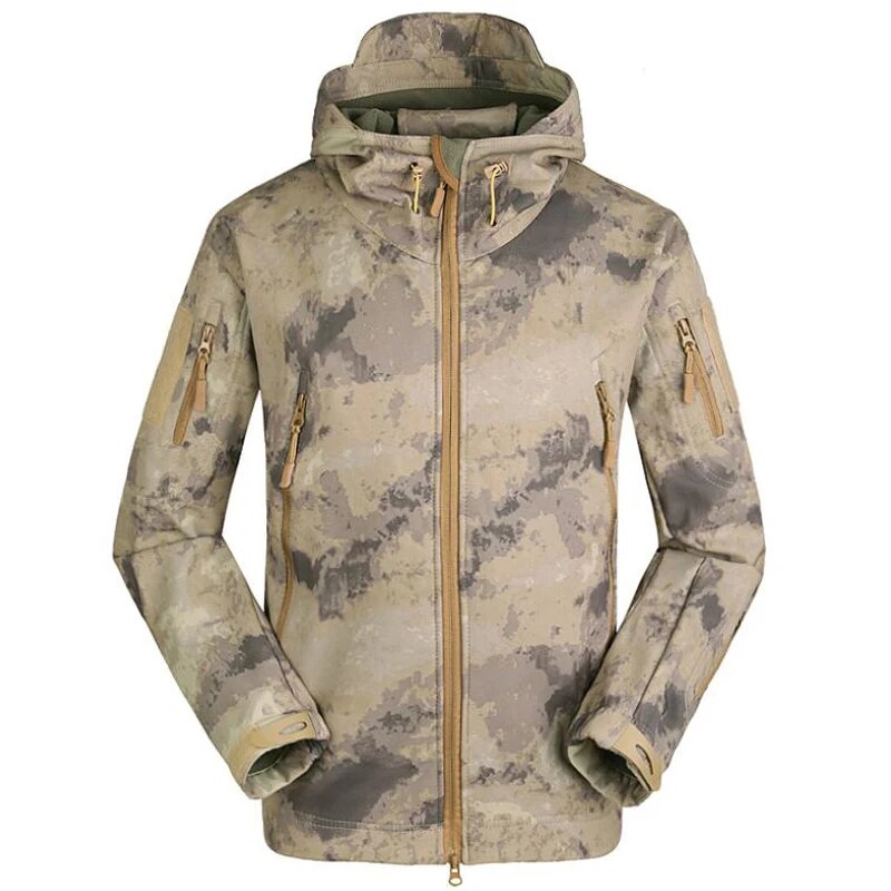 Men's military tactical hiking jacket in camouflage design, featuring windproof and waterproof capabilities, perfect for outdoor adventures.