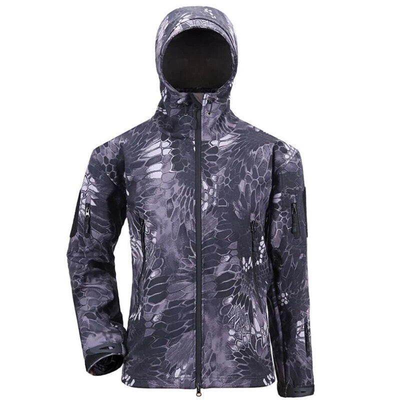 Men's military tactical hiking jacket in camouflage design, featuring windproof and waterproof capabilities, perfect for outdoor adventures.