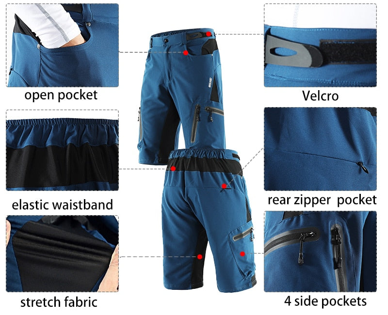 Men's outdoor sports cycling shorts designed for MTB and downhill biking, featuring water-resistant fabric and reflective elements for safety.