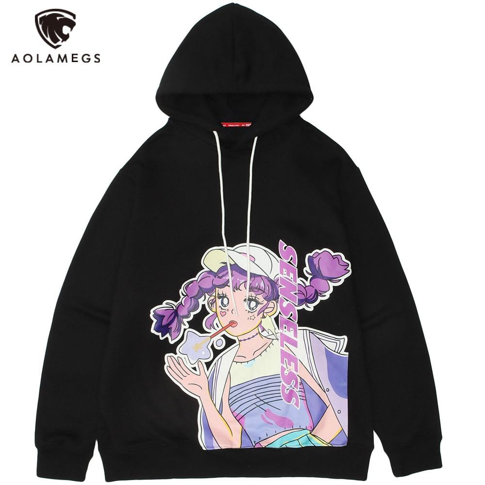 Men's purple hair girl anime print pullover, featuring a cozy plus velvet material and hooded design, perfect for autumn and winter wear.