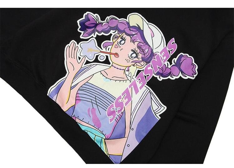 Men's purple hair girl anime print pullover, featuring a cozy plus velvet material and hooded design, perfect for autumn and winter wear.