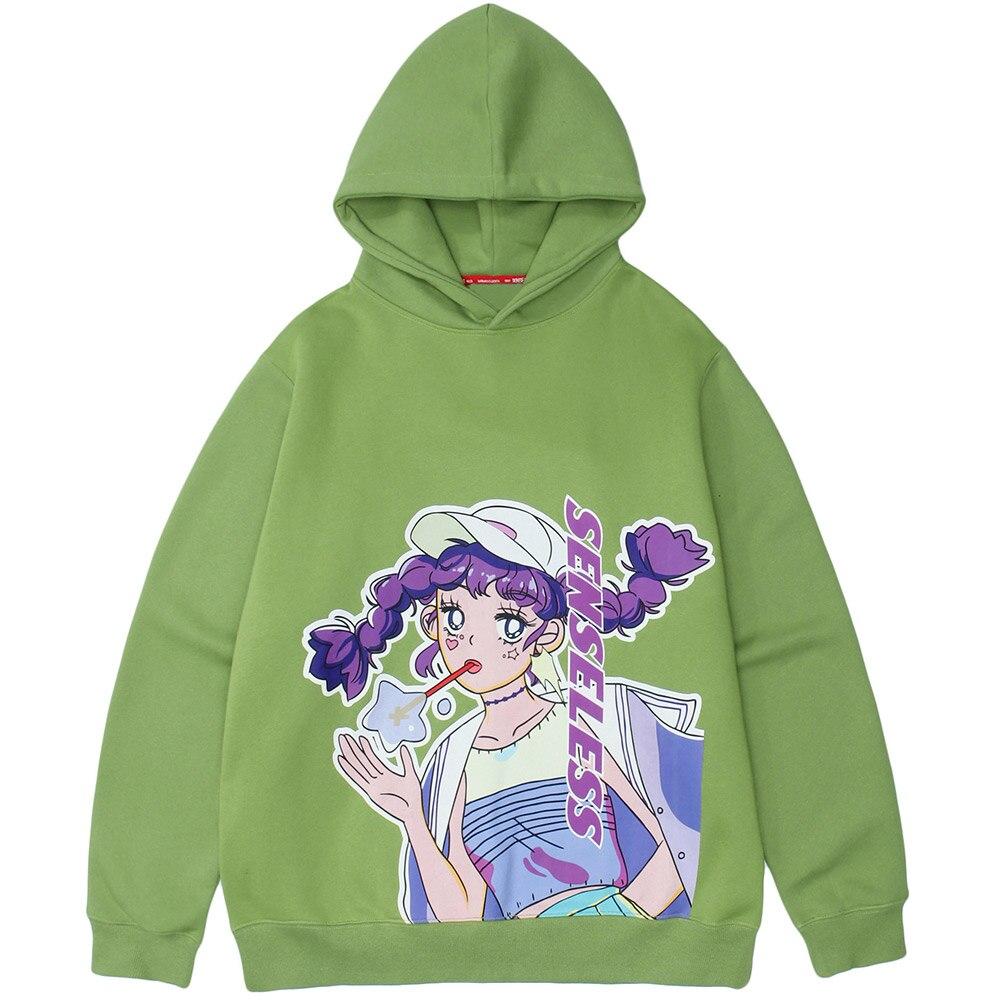 Men's purple hair girl anime print pullover, featuring a cozy plus velvet material and hooded design, perfect for autumn and winter wear.