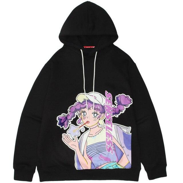 Men's purple hair girl anime print pullover, featuring a cozy plus velvet material and hooded design, perfect for autumn and winter wear.