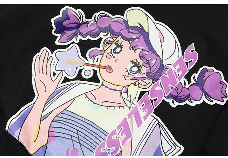 Men's purple hair girl anime print pullover, featuring a cozy plus velvet material and hooded design, perfect for autumn and winter wear.