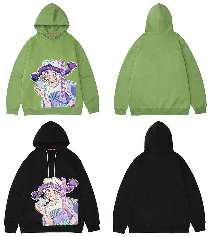 Men's purple hair girl anime print pullover, featuring a cozy plus velvet material and hooded design, perfect for autumn and winter wear.