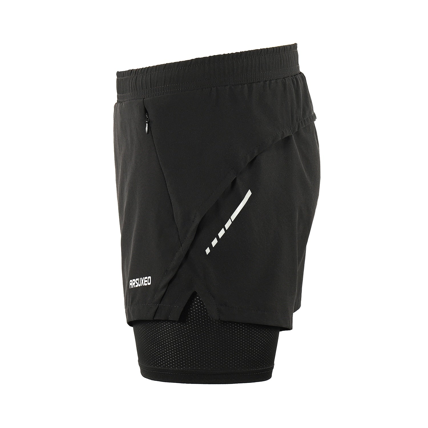 Men's 2 in 1 running shorts featuring quick-dry fabric, zipper pockets, and a stylish patchwork design, ideal for active training.