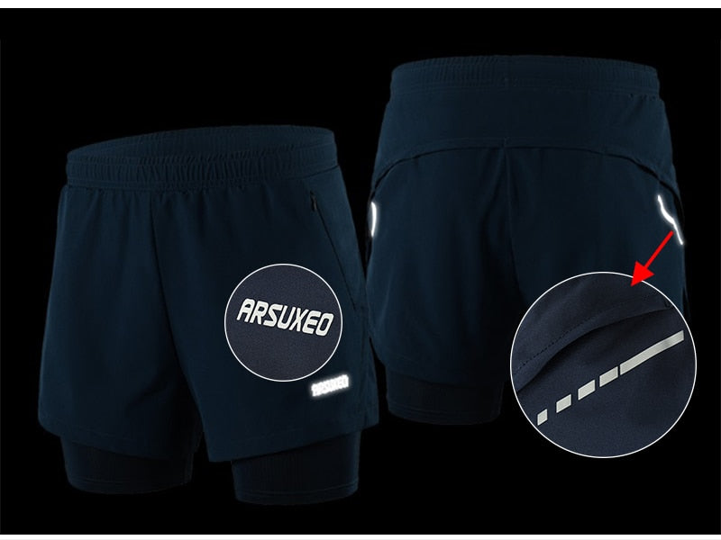 Men's 2 in 1 running shorts featuring quick-dry fabric, zipper pockets, and a stylish patchwork design, ideal for active training.