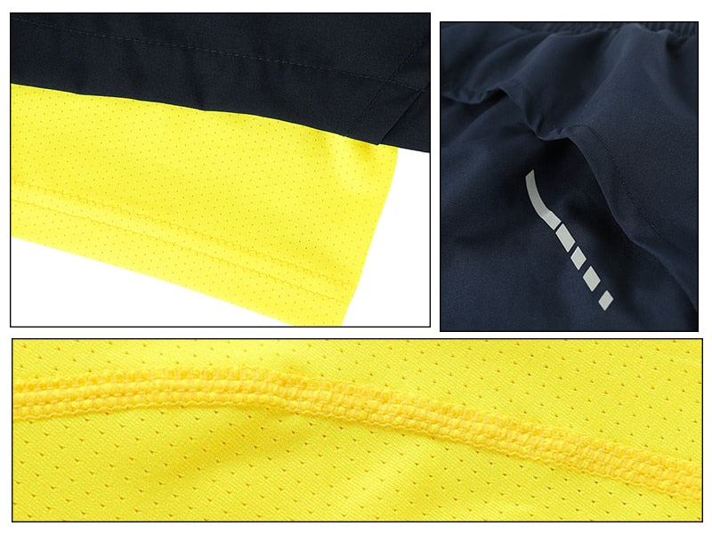 Men's 2 in 1 running shorts featuring quick-dry fabric, zipper pockets, and a stylish patchwork design, ideal for active training.