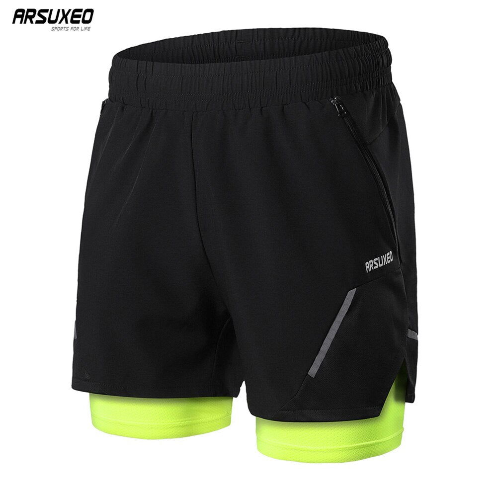 Men's 2 in 1 running shorts featuring a dry fit design, made from polyester and spandex, ideal for gym and jogging activities.