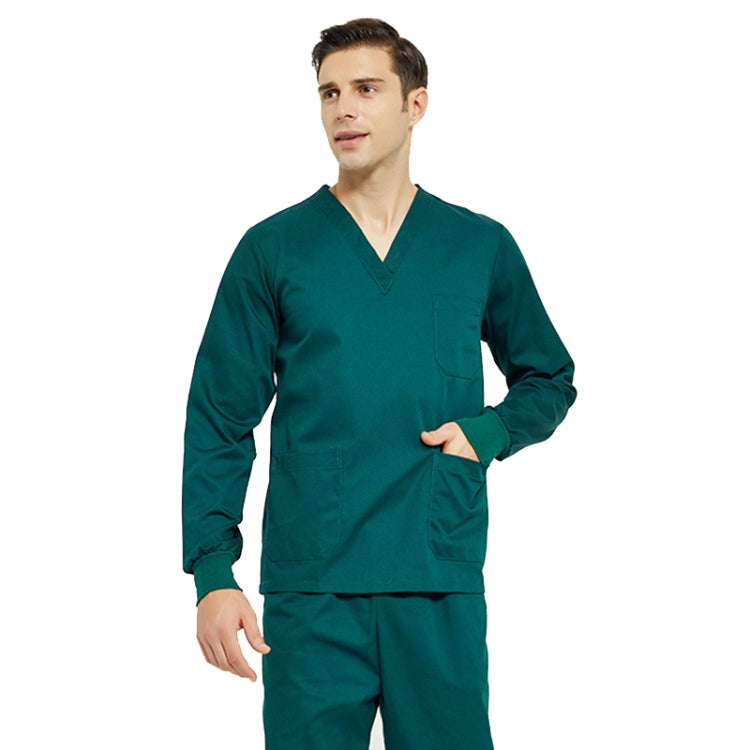 Men's long-sleeved scrub top and pants set in dark green, made from cotton and polyester, designed for dental and pet care professionals.