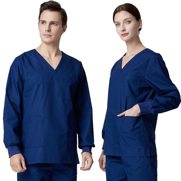 Men's long-sleeved scrub top and pants set in dark green, made from cotton and polyester, designed for dental and pet care professionals.