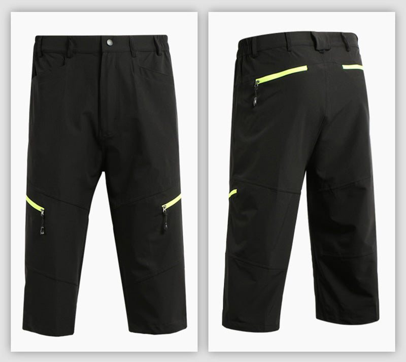Men's summer outdoor sports 3/4 cycling pants in black, featuring breathable fabric and zipper fly closure, ideal for downhill MTB.