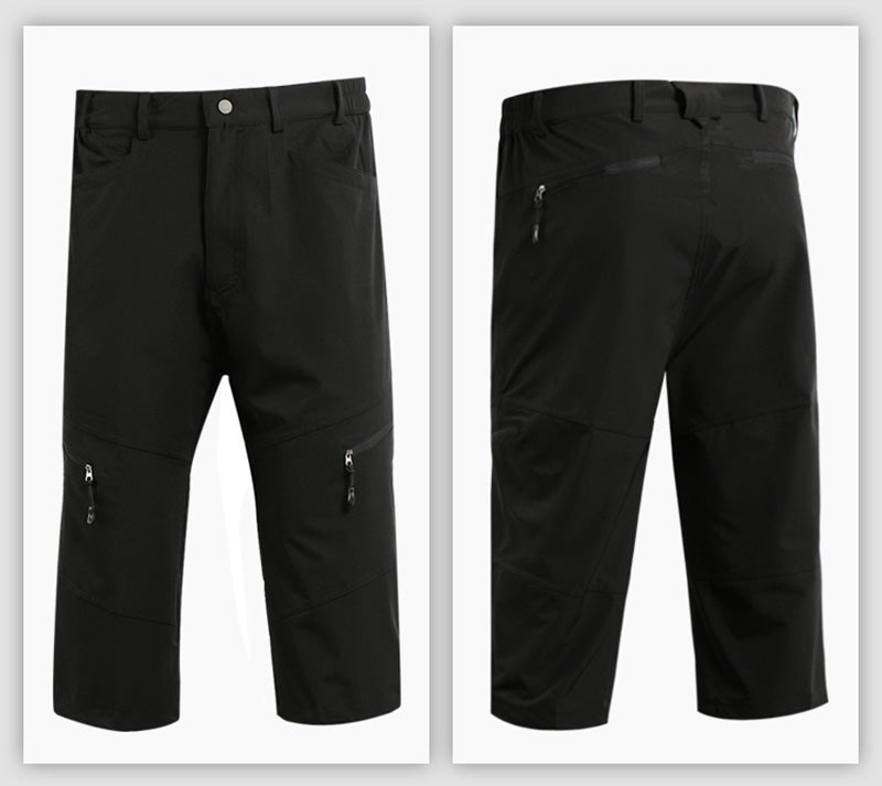 Men's summer outdoor sports 3/4 cycling pants in black, featuring breathable fabric and zipper fly closure, ideal for downhill MTB.