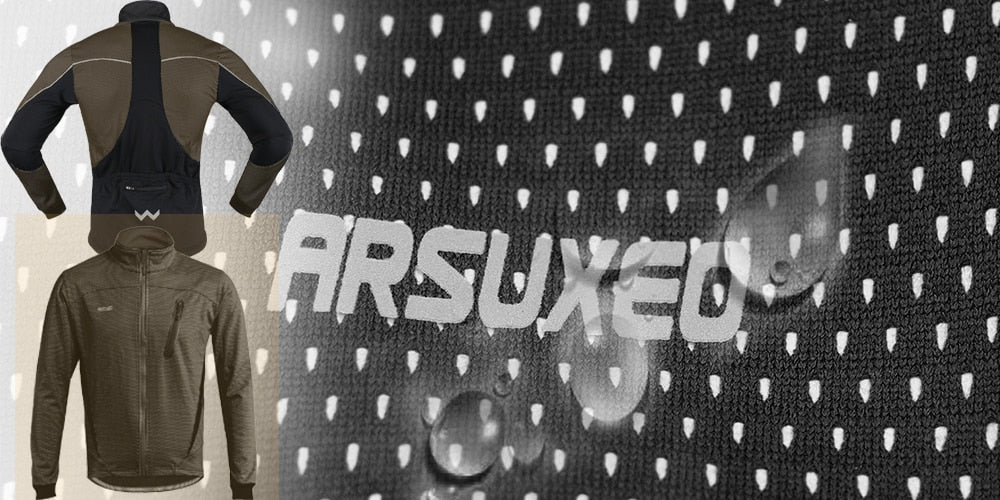 Men's thermal cycling jacket in black and blue, featuring fleece lining, waterproof fabric, and reflective details for safety.