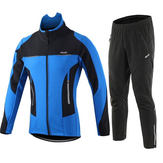 Men's winter cycling jacket set featuring windproof and waterproof materials, designed for thermal comfort and outdoor sports.
