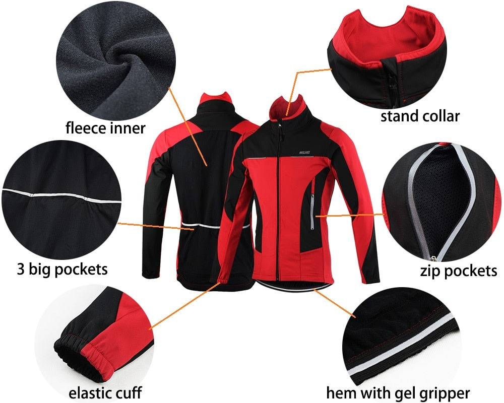 Men's winter cycling jacket set featuring windproof and waterproof materials, designed for thermal comfort and outdoor sports.