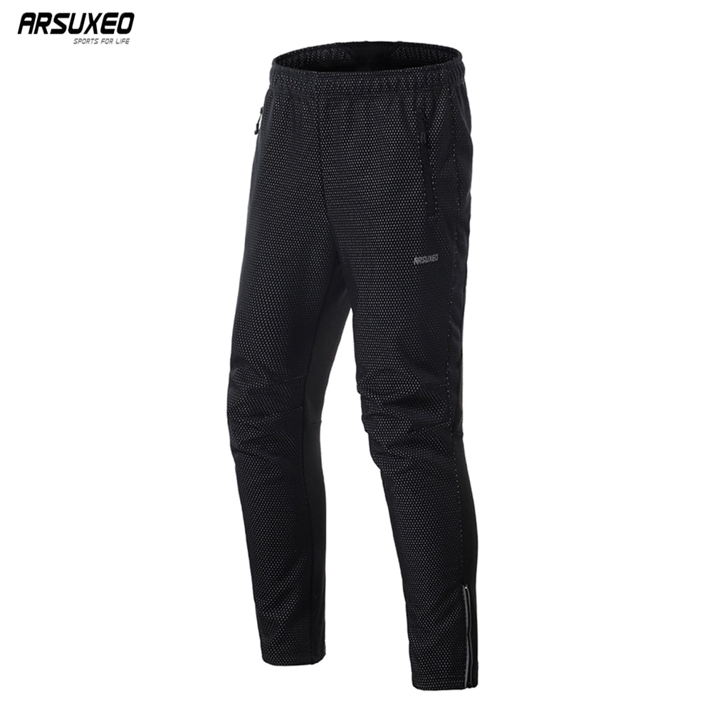 Men's winter cycling pants made of thermal fleece, designed for MTB and bicycle riding, featuring a windproof design and drawstring closure.