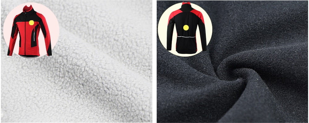 Men's winter thermal cycling jacket in black, featuring windproof and waterproof materials, reflective elements, and multiple pockets for convenience.