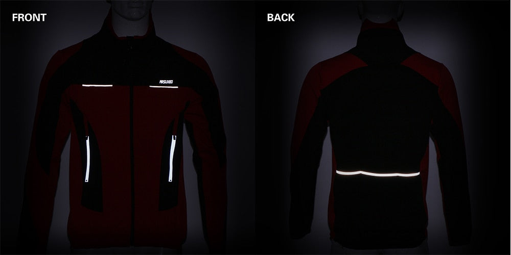 Men's winter thermal cycling jacket in black, featuring windproof and waterproof materials, reflective elements, and multiple pockets for convenience.