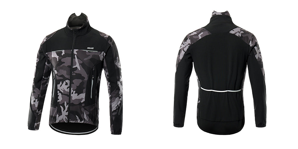 Men's winter thermal cycling jacket in black, featuring windproof and waterproof materials, reflective elements, and multiple pockets for convenience.