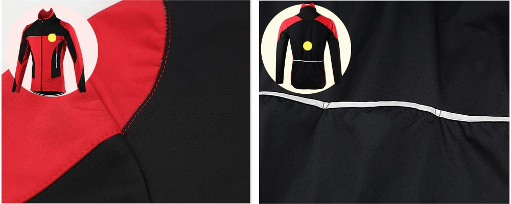 Men's winter thermal cycling jacket in black, featuring windproof and waterproof materials, reflective elements, and multiple pockets for convenience.