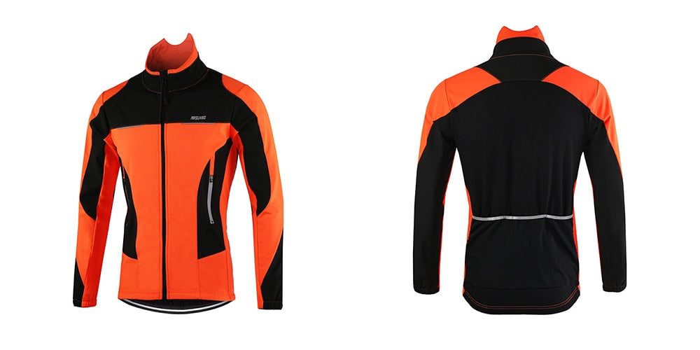 Men's winter thermal cycling jacket in black, featuring windproof and waterproof materials, reflective elements, and multiple pockets for convenience.