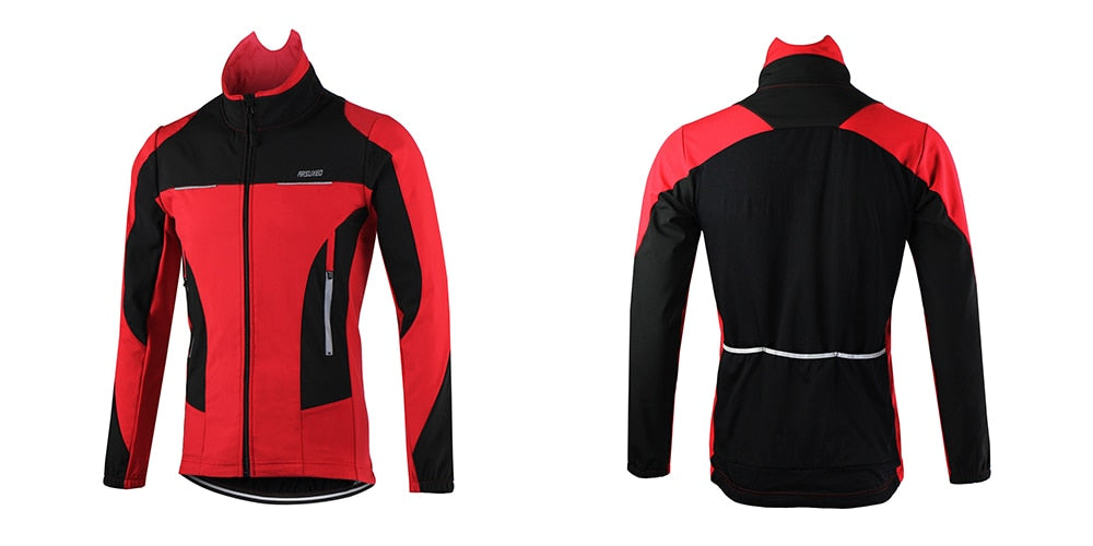 Men's winter thermal cycling jacket in black, featuring windproof and waterproof materials, reflective elements, and multiple pockets for convenience.